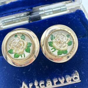 Vintage gold tone domed glass reverse painted intaglio roses cameos cufflinks